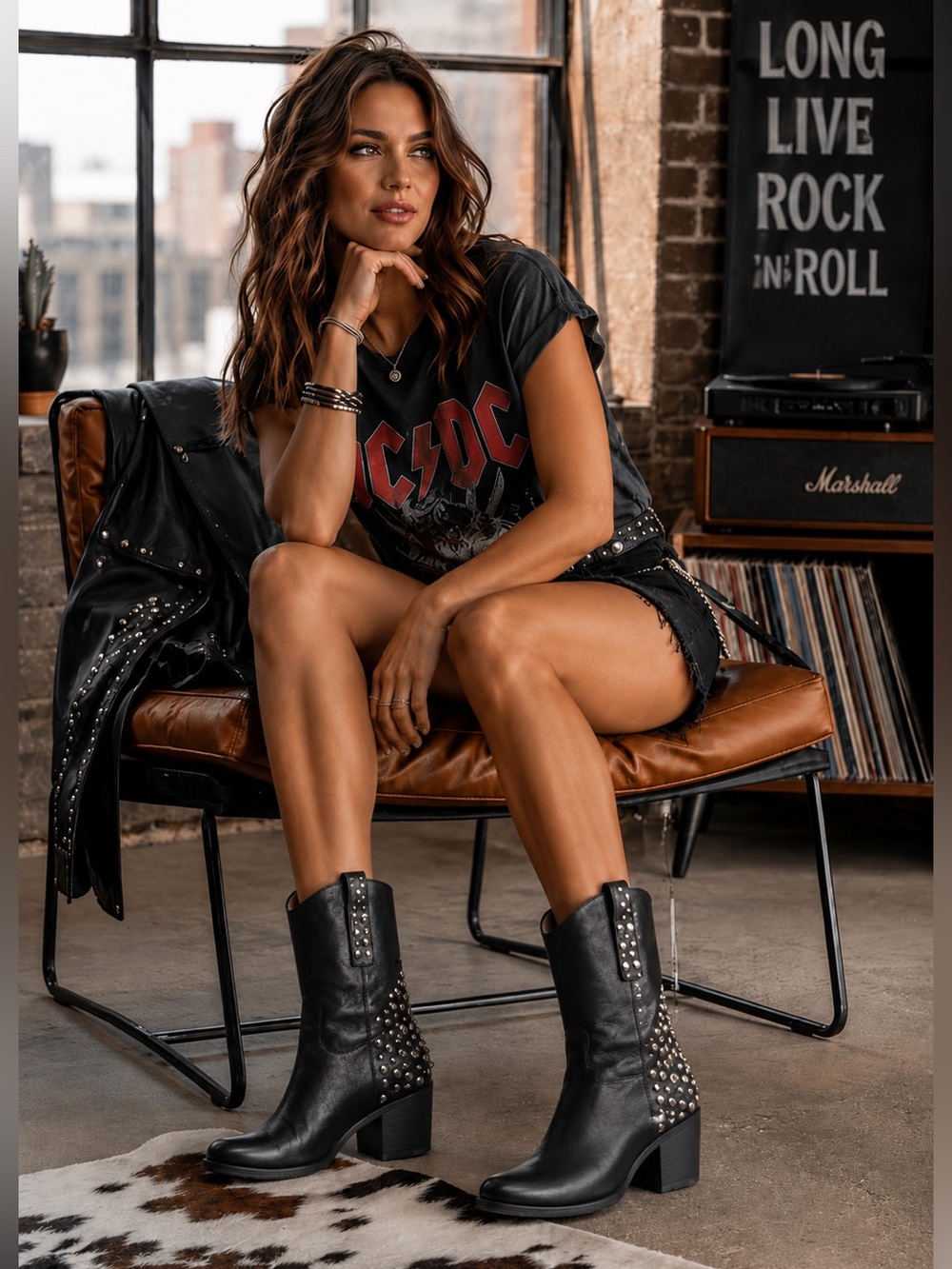 BAKERS Musthave Black Leather Pull On Studded Mid-Calf Biker Boots Edgy Festival
